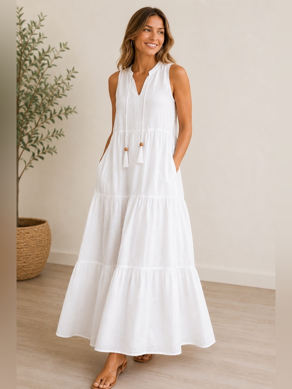 Magaschoni XS White 100% Linen Sleeveless Tiered Maxi Dress Pockets Boho